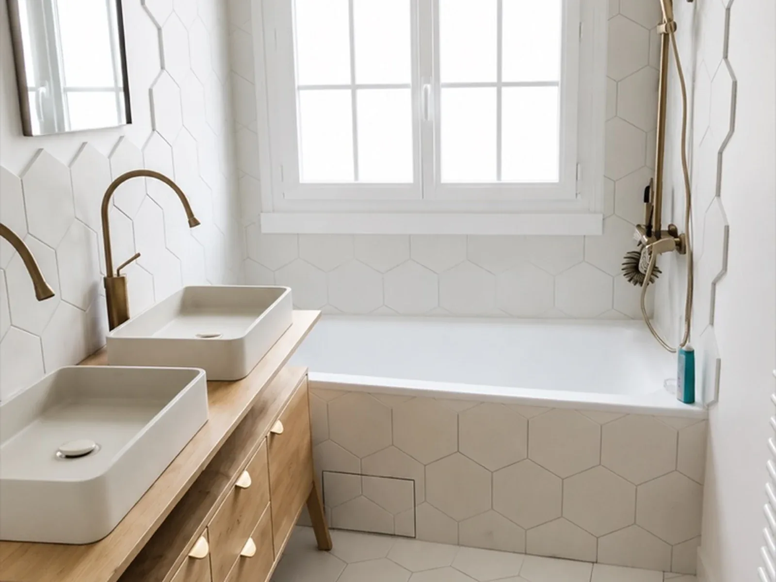 Salle de bain lumineuse avec baignoire et meubles en bois